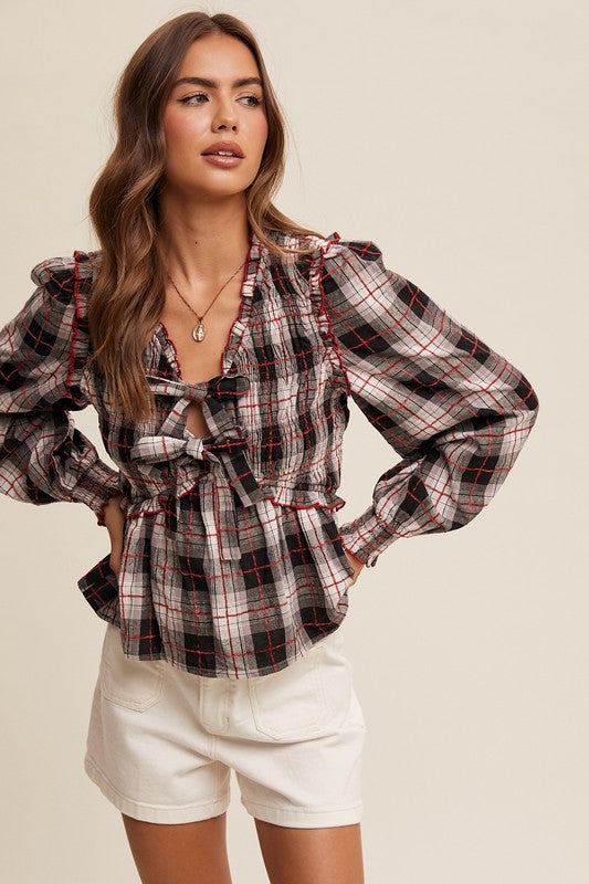 Smocked Bow Front Plaid Top