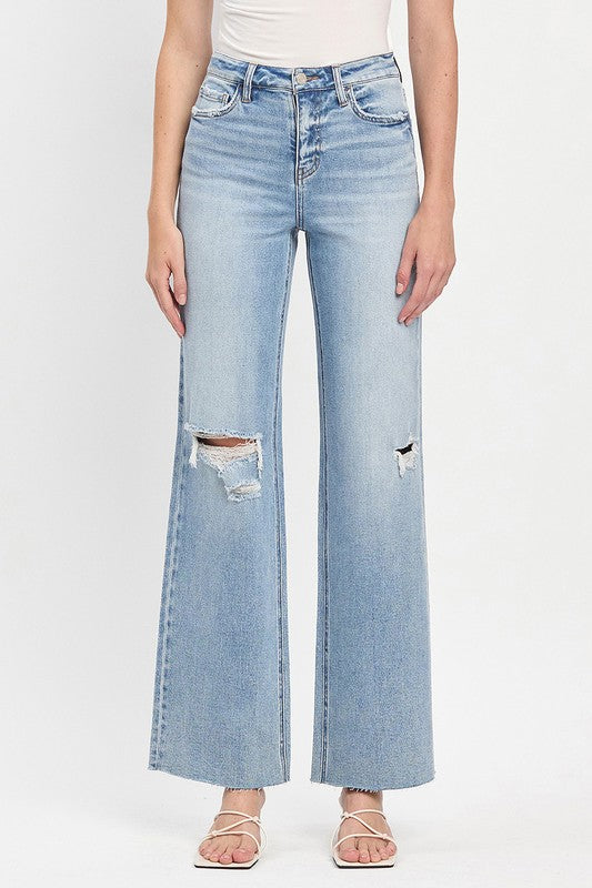 High Rise Clean Cut Raw Hem Wide Leg Jeans