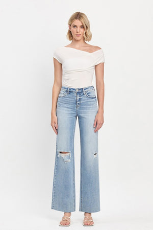 High Rise Clean Cut Raw Hem Wide Leg Jeans