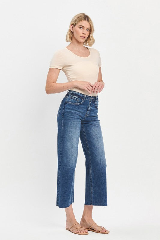 Upgraded HR Raw Hem Wide Leg Crop Jeans