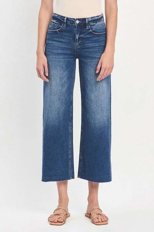 Upgraded HR Raw Hem Wide Leg Crop Jeans