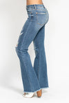 Mid Rise Button Fly Destroy Hem Flare Jeans