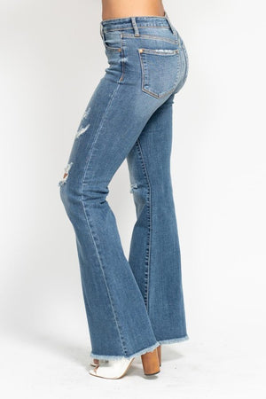 Mid Rise Button Fly Destroy Hem Flare Jeans