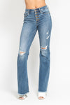 Mid Rise Button Fly Destroy Hem Flare Jeans