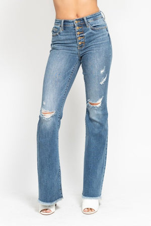 Mid Rise Button Fly Destroy Hem Flare Jeans