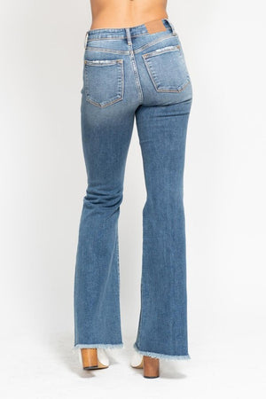 Mid Rise Button Fly Destroy Hem Flare Jeans