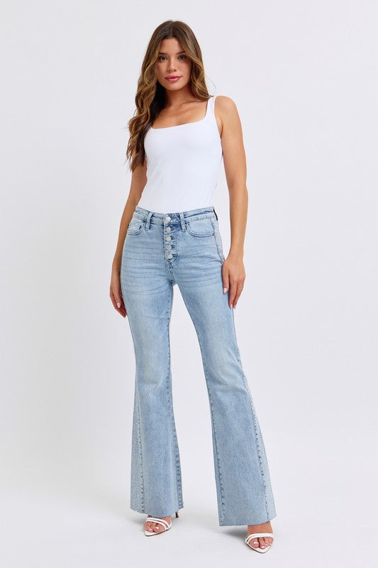 Light Rhinestone Panel Flare Jeans