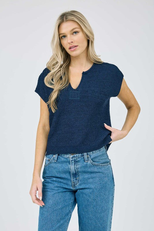 Split Neck SS Sweater Top