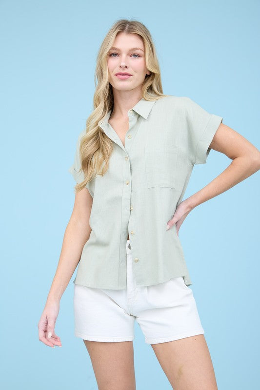 Linen Blend SS Button Down Top