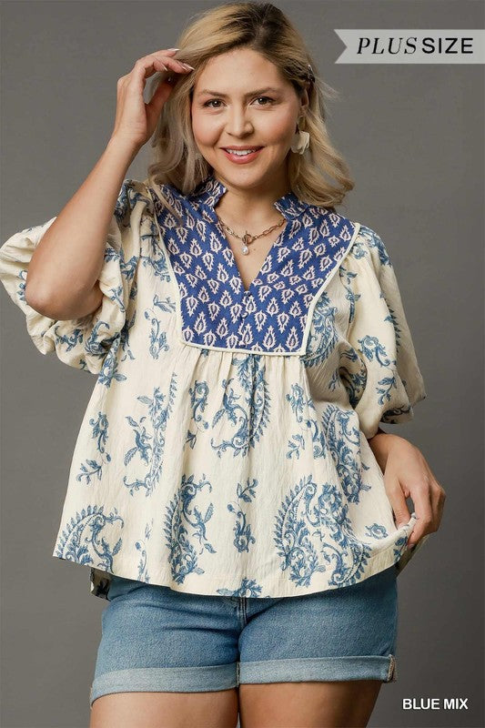 Plus Boho Print Puff Sleeve Blouse