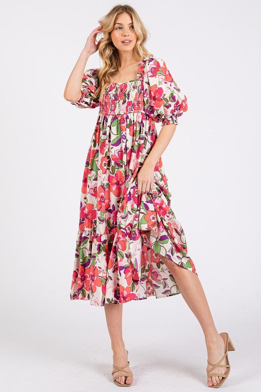 Puff Sleeve Flower Print Midi Dress