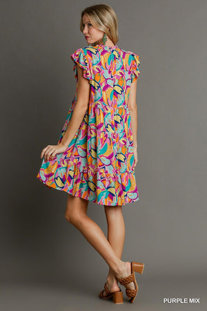 Abstract Print Tie Neck Dress