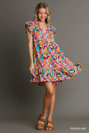 Abstract Print Tie Neck Dress