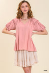 Split Neck Ruffle Puff Sleeve Top