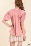 Split Neck Ruffle Puff Sleeve Top