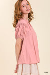 Split Neck Ruffle Puff Sleeve Top