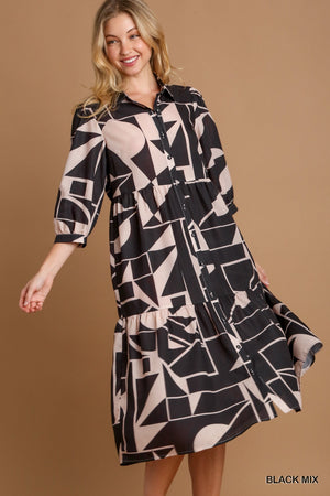 Abstract Print Button Down Midi Dress