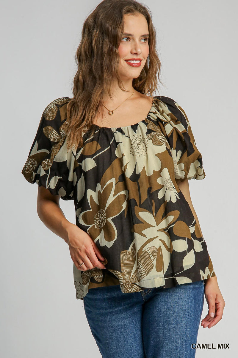 Round Neck Puff Sleeve Print Top