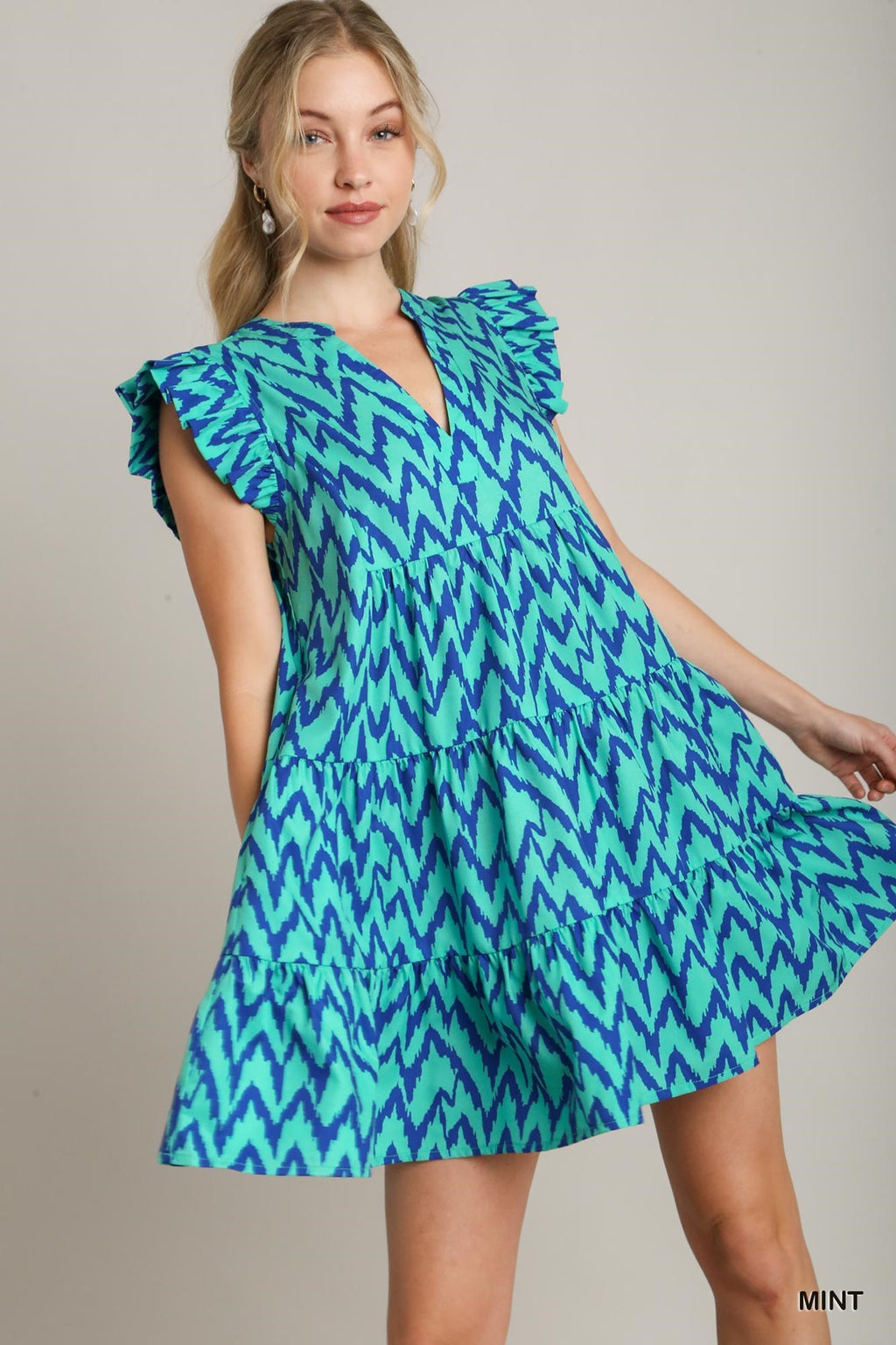 Chevron Ruffle Sleeve Mini Dress