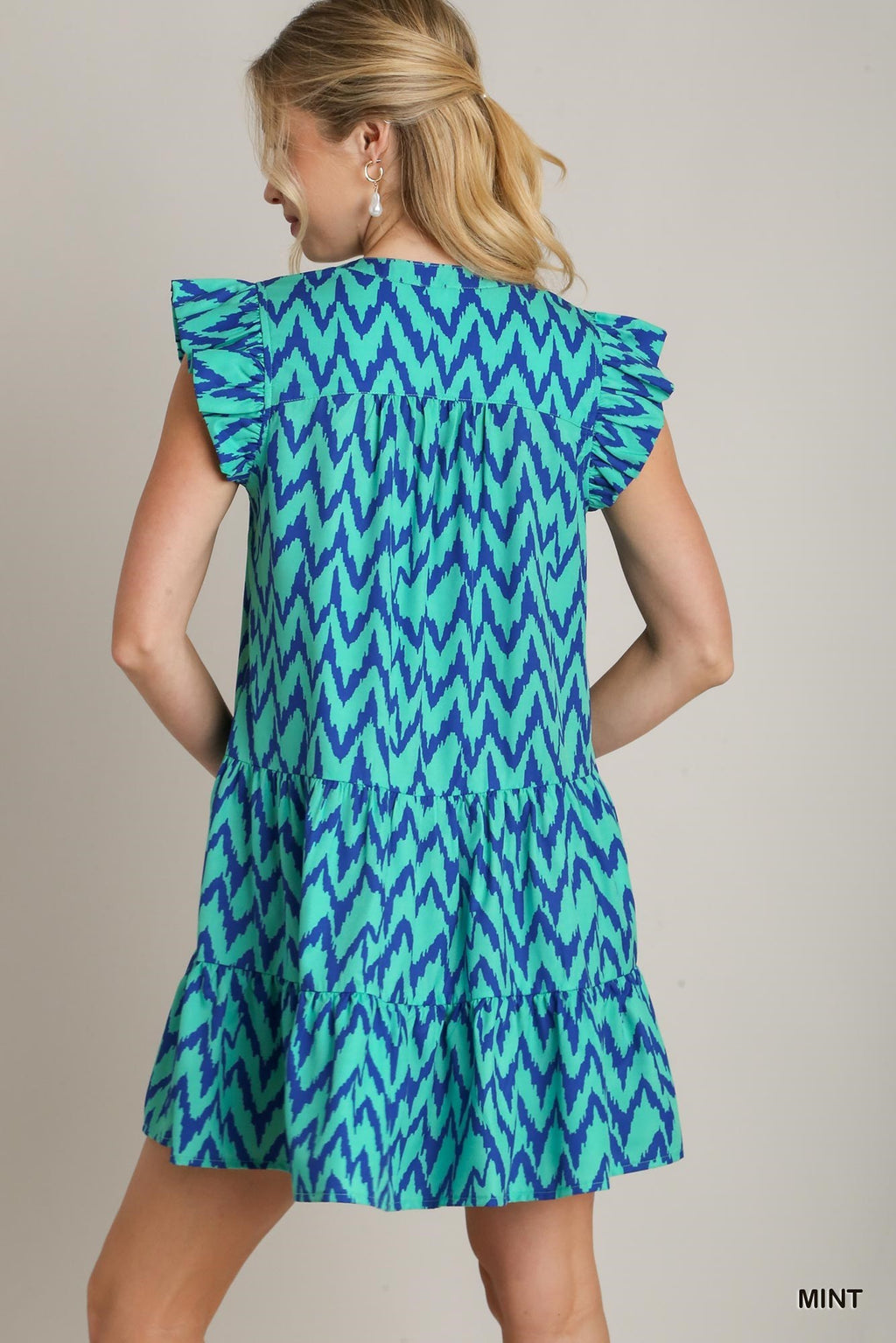 Chevron Ruffle Sleeve Mini Dress