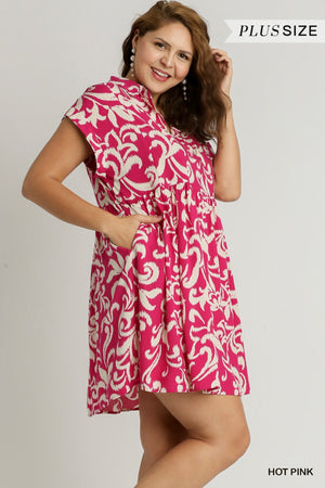 Plus Print Side Pocket Collar Dress