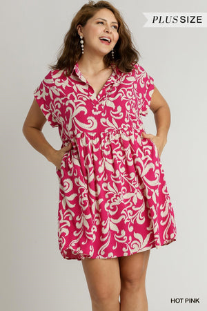 Plus Print Side Pocket Collar Dress