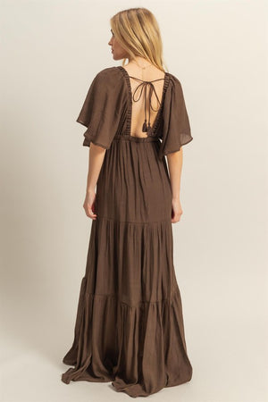 Deep V Flowy Sleeves Maxi Dress