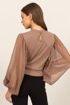 Sheer Sleeve Button Back Blouse