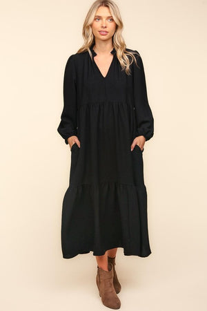 Woven LS Babydoll Maxi Dress