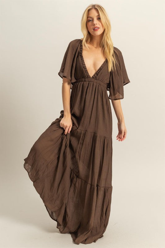 Deep V Flowy Sleeves Maxi Dress