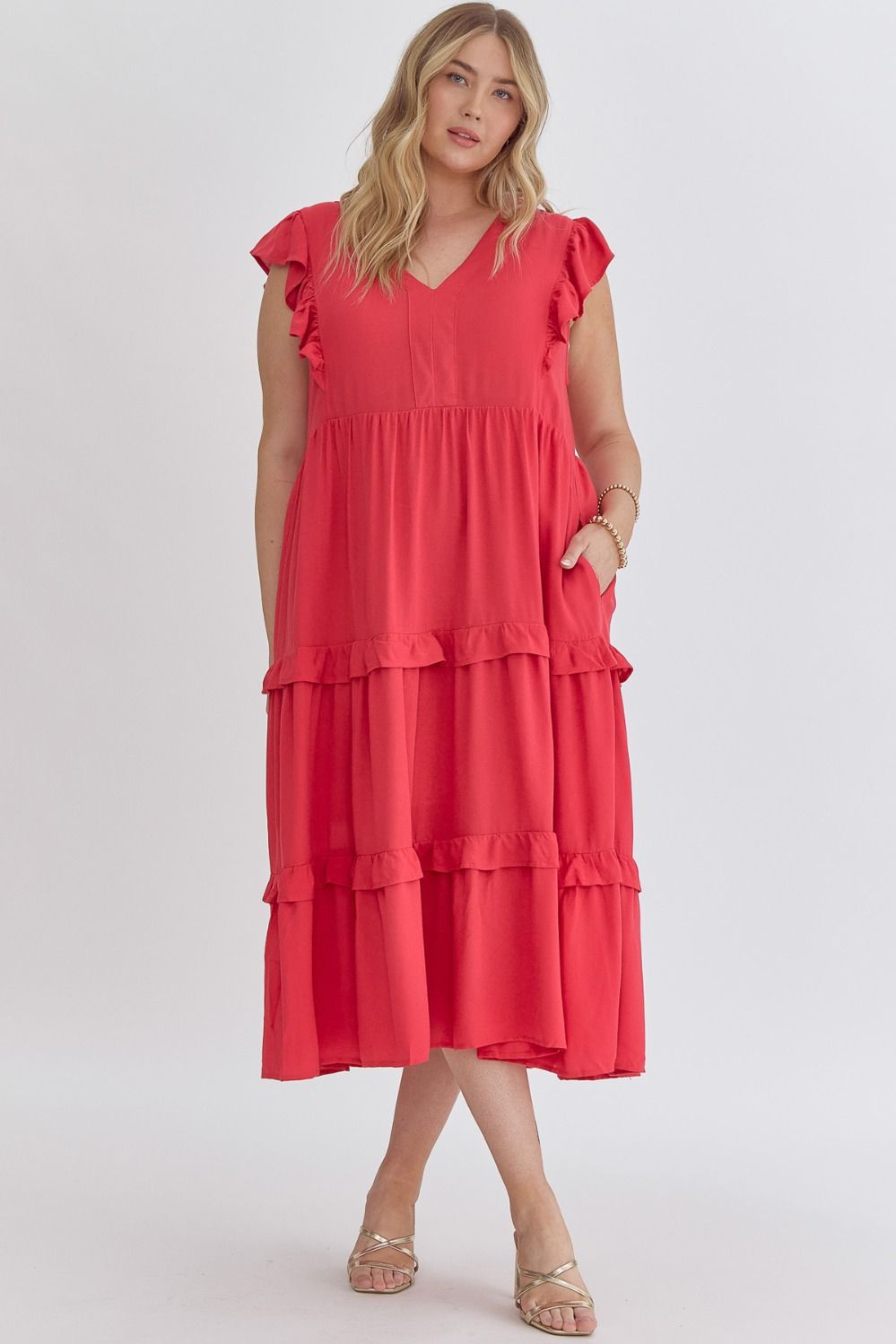 Plus V-Neck Ruffle Tier Midi Dress