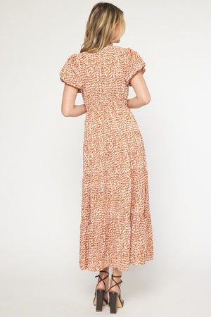 Bubble Sleeve Print Tier Maxi Dress