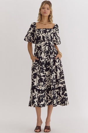 Trim Detail Print Midi Dress