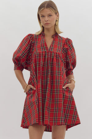 Plaid Puff Sleeve Mini Dress