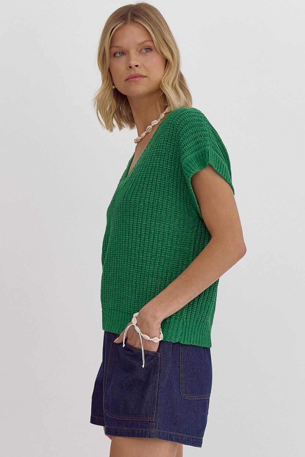 Solid V-Neck SS Sweater Top