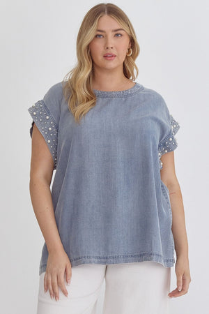 Plus Pearl Sleeve Denim Top