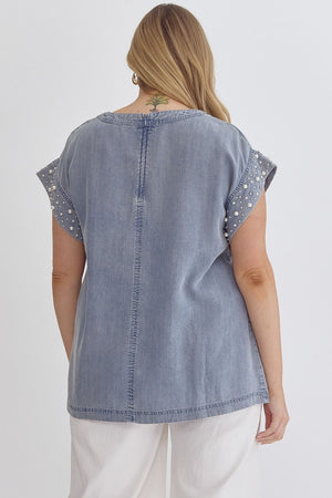 Plus Pearl Sleeve Denim Top