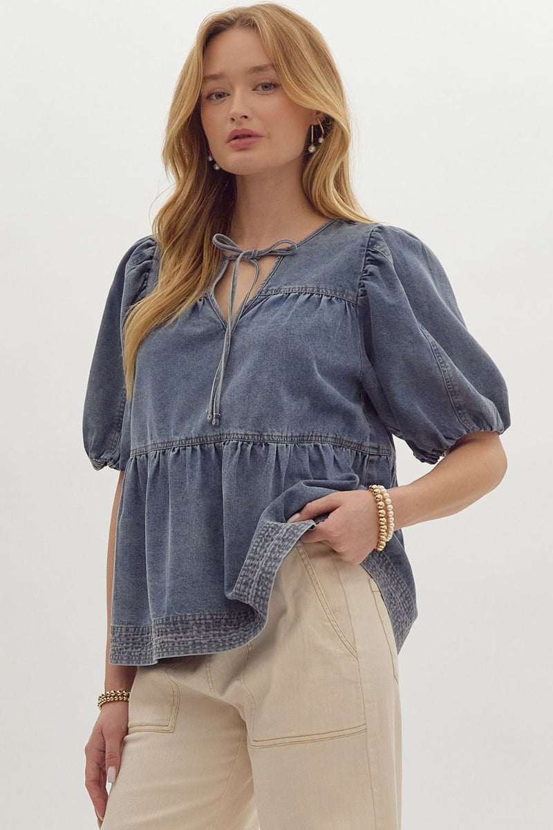 Tie Front Denim Bubble Sleeve Top