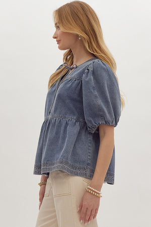 Tie Front Denim Bubble Sleeve Top