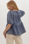 Tie Front Denim Bubble Sleeve Top