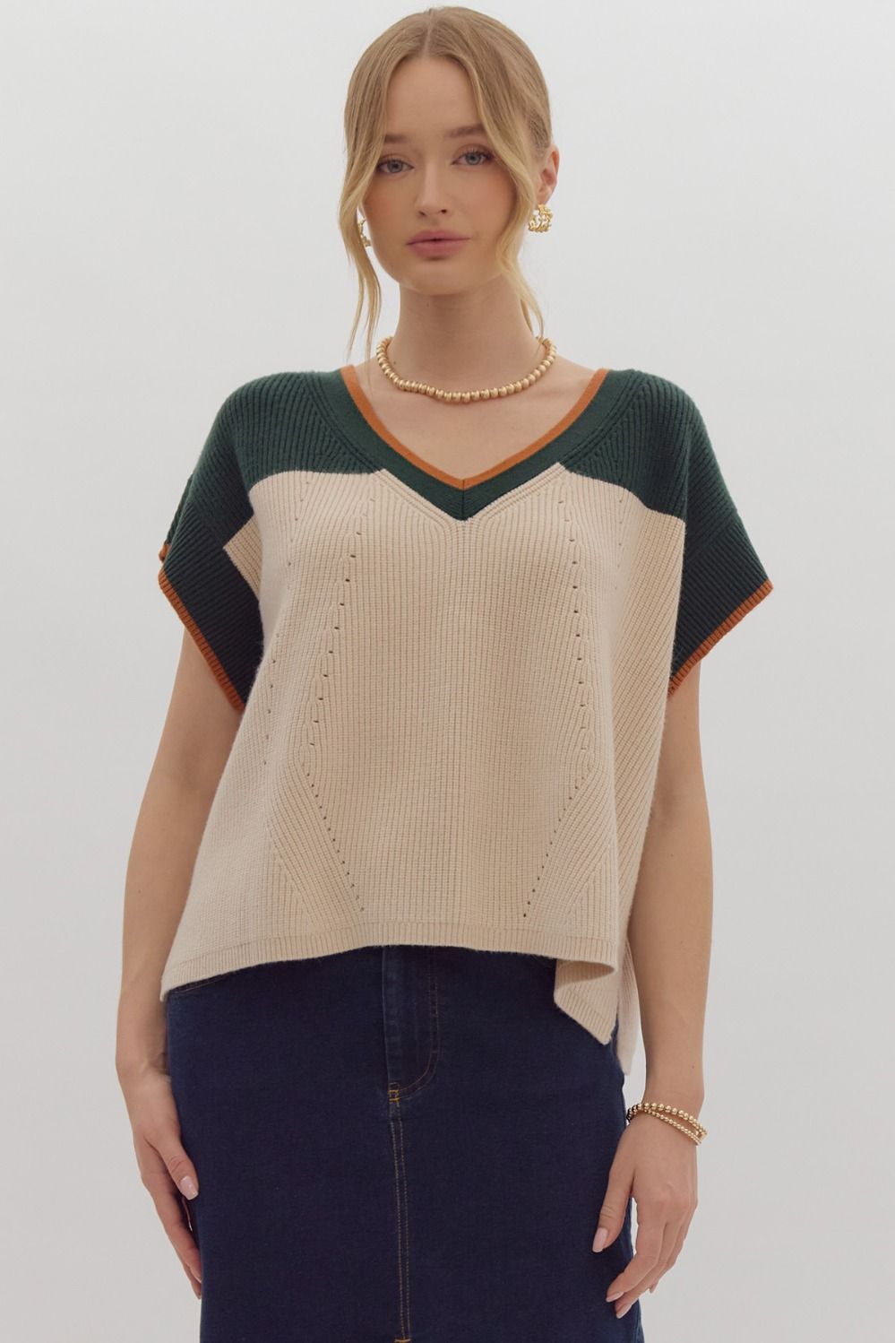 Colorblock Yoke SS Sweater Top