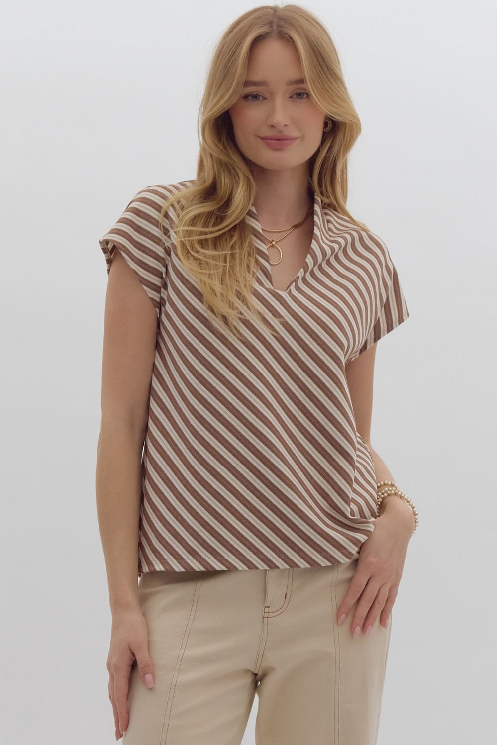 SS Stripe V Neck Top