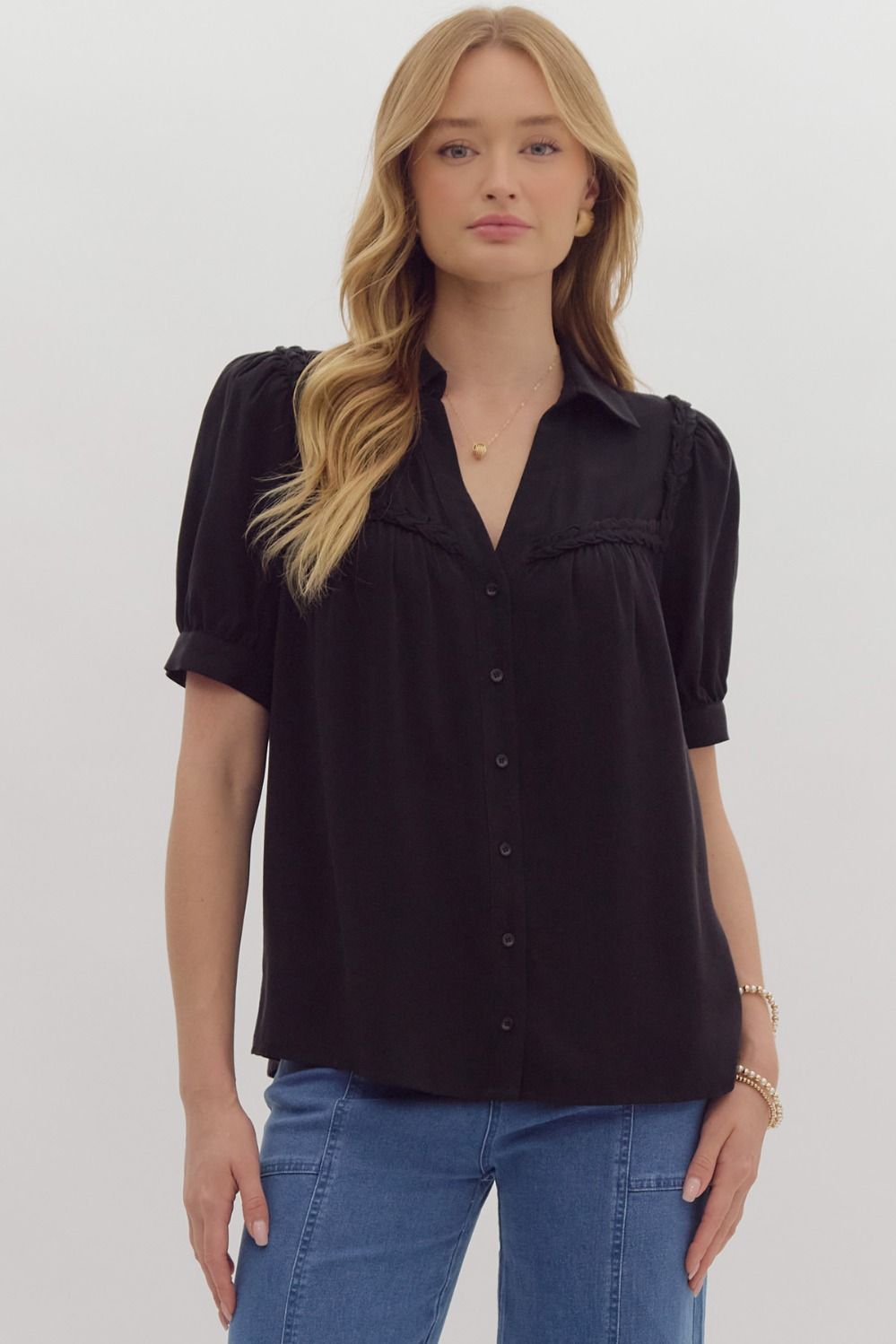 Braid Trim Button Down Collar Top