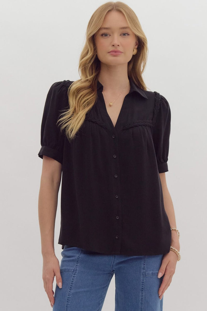 Braid Trim Button Down Collar Top