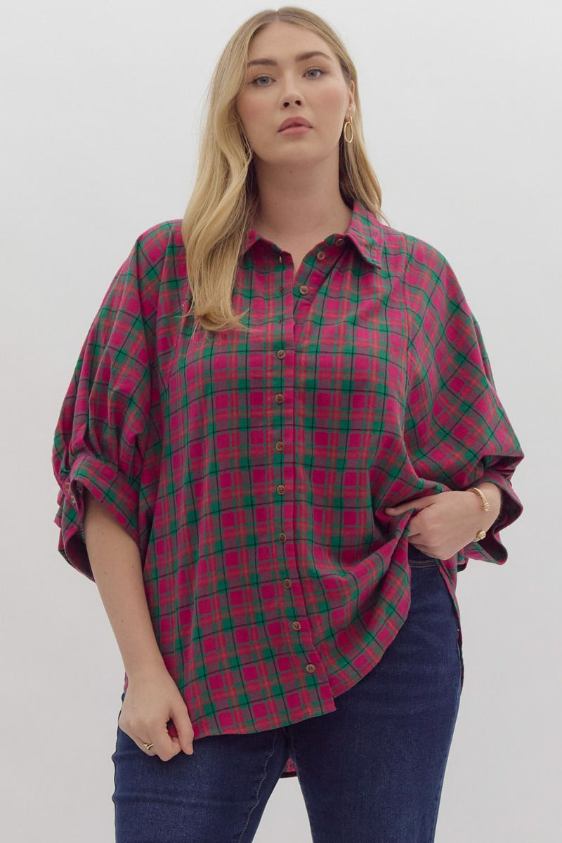 Plus Plaid SS Collar Top