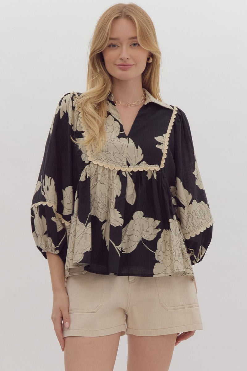 Scallop Trim Floral 3/4 Sleeve Top