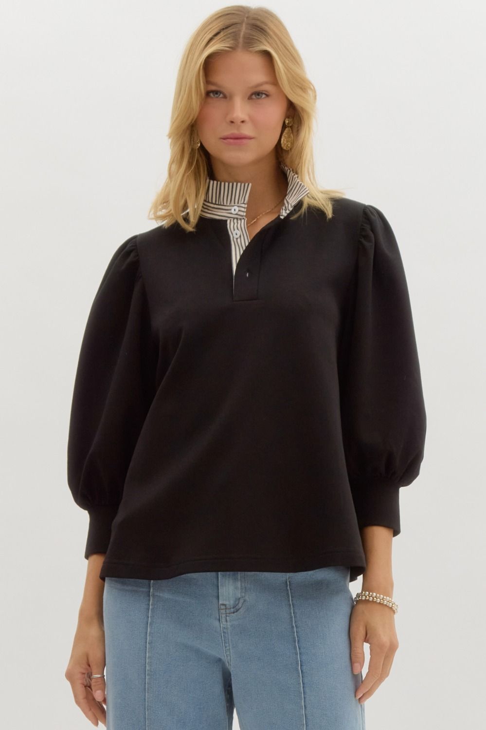 Stripe Ruffle Neck Popover Top