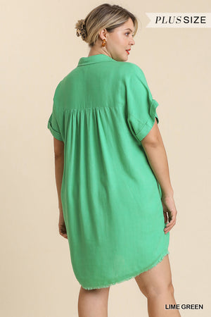 Plus SS Linen High Low Collar Dress