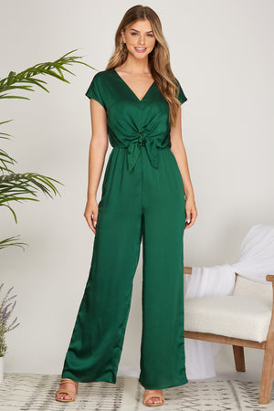 Satin SS Tie Front Jumpsuit