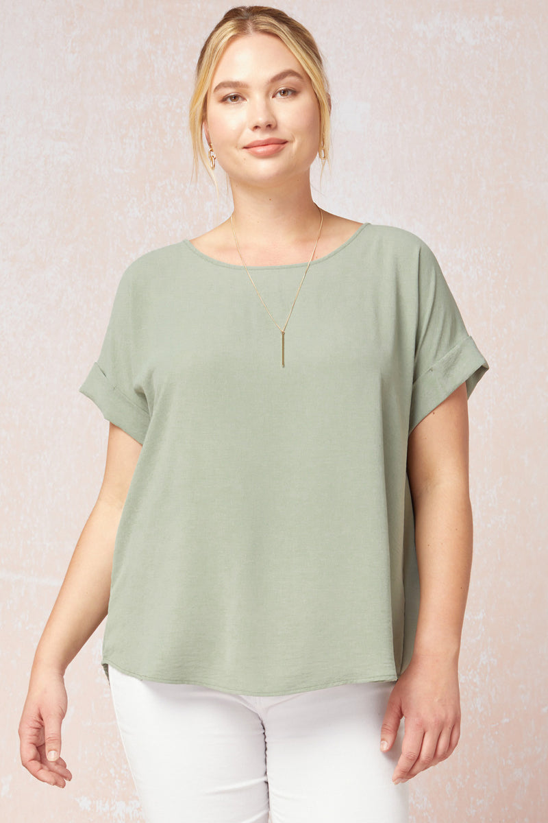 Plus Roll Sleeve Scoop Neck Top